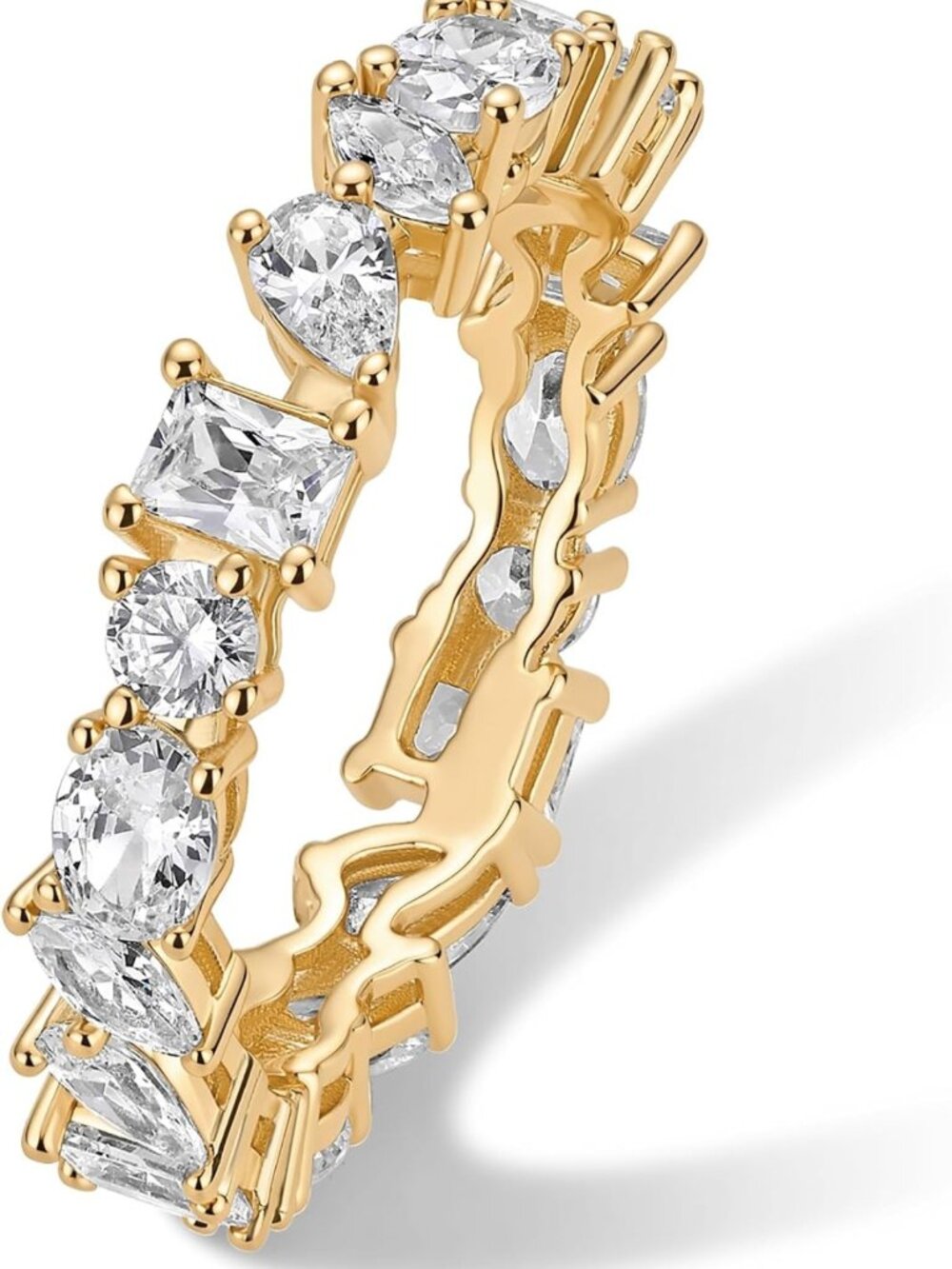 14K Gold Plated CZ Eternity Ring for Women, Elegant Wedding Band, Mixed Shapes